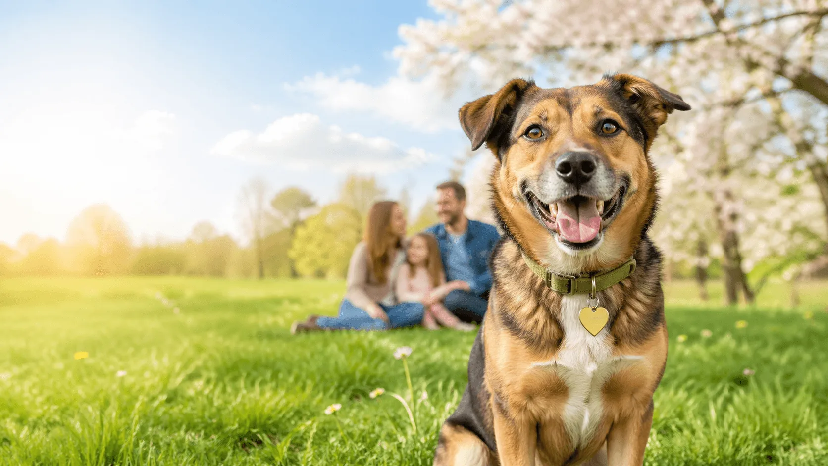 Smiling mixed-breed dog sitting in a sunny park with a family on a blanket behind it
