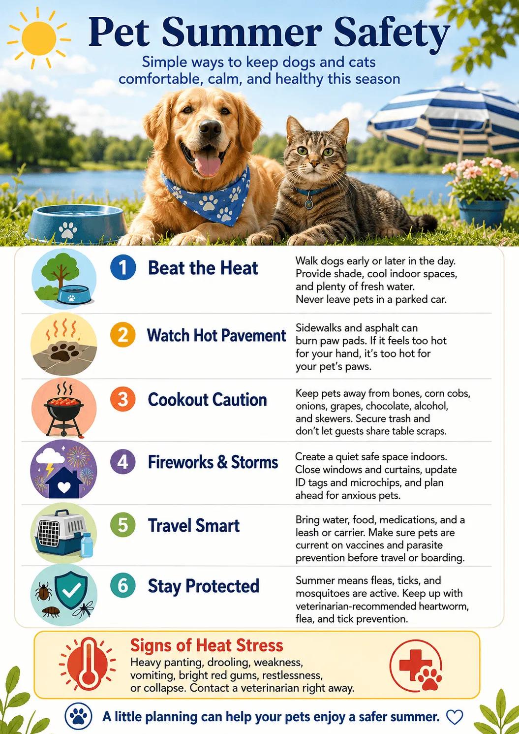 Pet Summer Safety infographic: beat the heat, watch hot pavement, cookout caution, fireworks and storms, travel smart, stay protected, and signs of heat stress