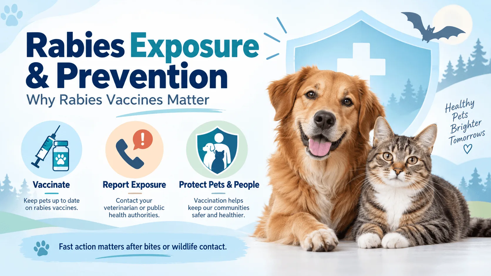 Rabies Exposure and Prevention graphic: vaccinate, report exposure, protect pets and people, with a golden retriever and a tabby cat